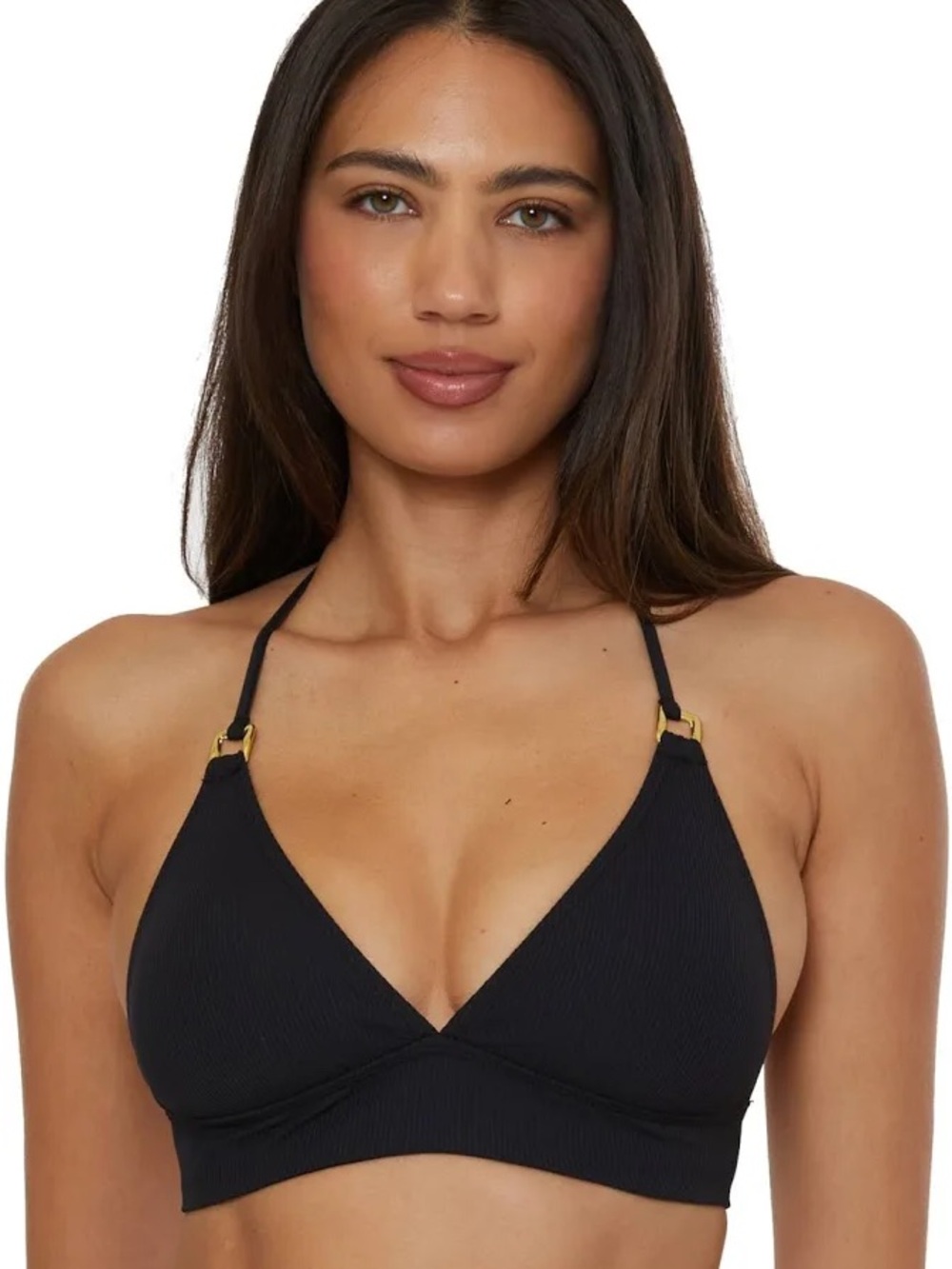 BECCA Black Ribbed Triangle Bikini Top with Gold Accents